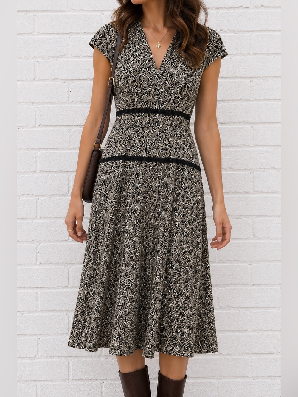 Vintage 90s Worth Floral Midi Dress Size 6 Black Taupe Lace Trim